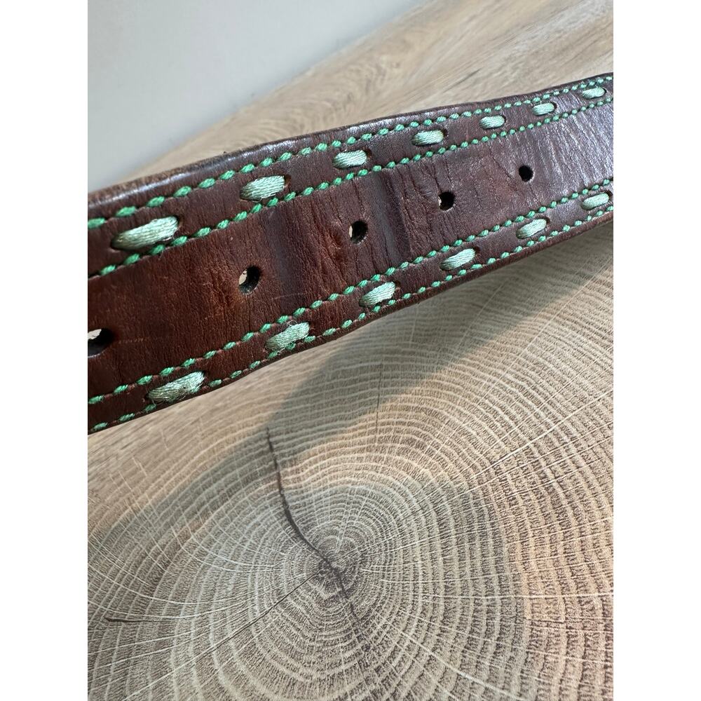 American Eagle Vintage Leather and Green Contrast Stitch Belt Brown S - Picture 7 of 11